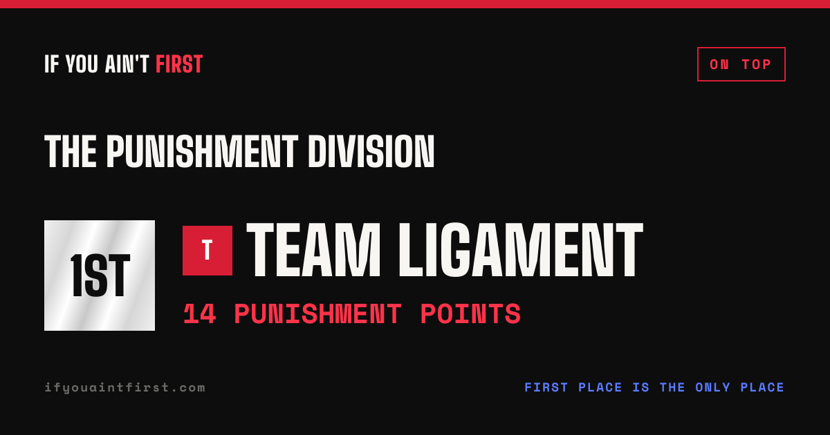 The Punishment Division share card: Team Ligament in first with 14 punishment points